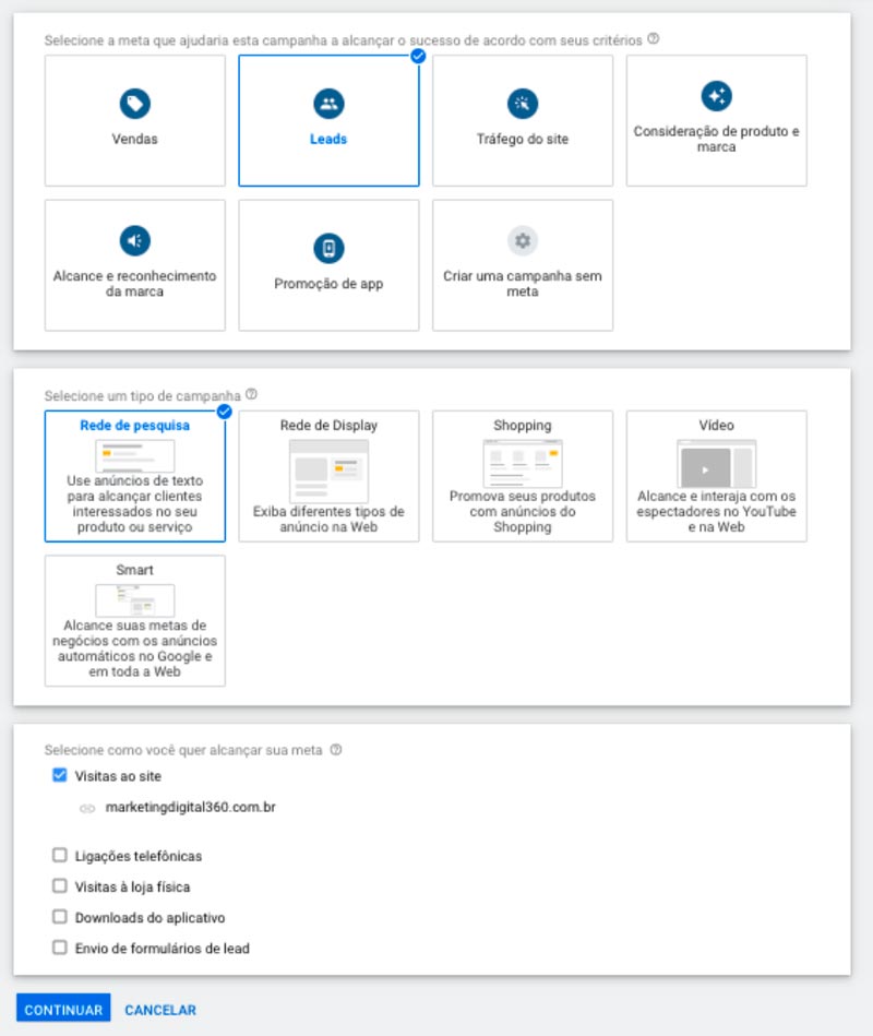 Configurando a campanha do Google Ads